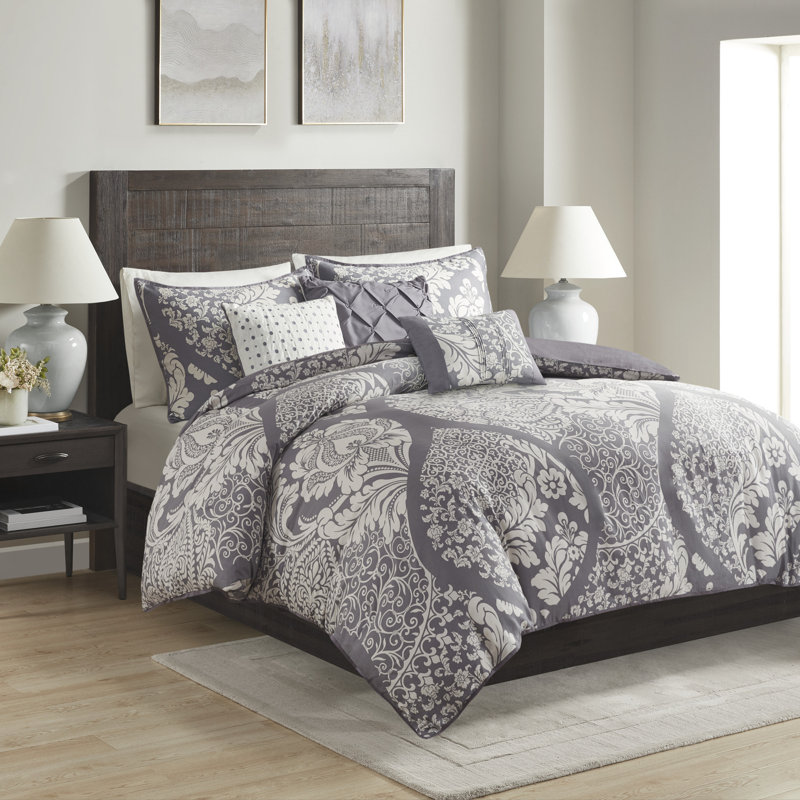 Vienna 6 Piece Cotton Sateen Duvet Cover Set, King Duvet Cover+2 Standard Shams+3 Throw Pillows, Slate