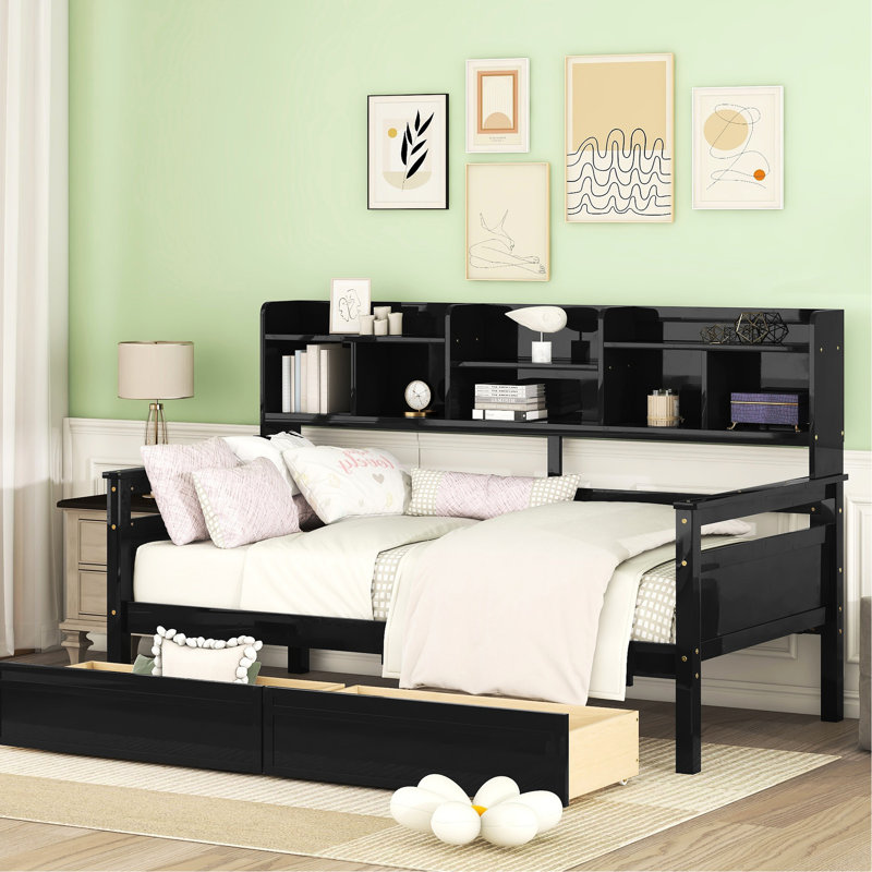 -Coloured Daybed With Solid Wood Frame, Two Drawers, And Bedside Space Shelves, Drawer Storage