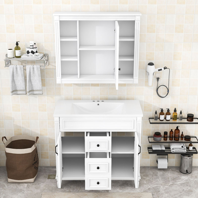 Ensemble de meuble-lavabo simple en bois avec armoire à miroir Effy, Blanc