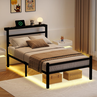 Bed Frame with LED Headboard Shelf, Bed Frame with Charging Station, Heavy Duty Steel Slats
