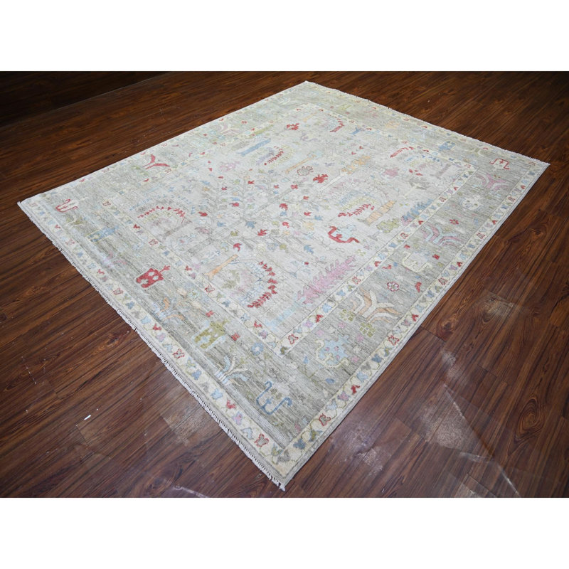 Tapis gris en laine nouée à la main 8 pi 2 po x 9 pi 8 po Angora Oushak