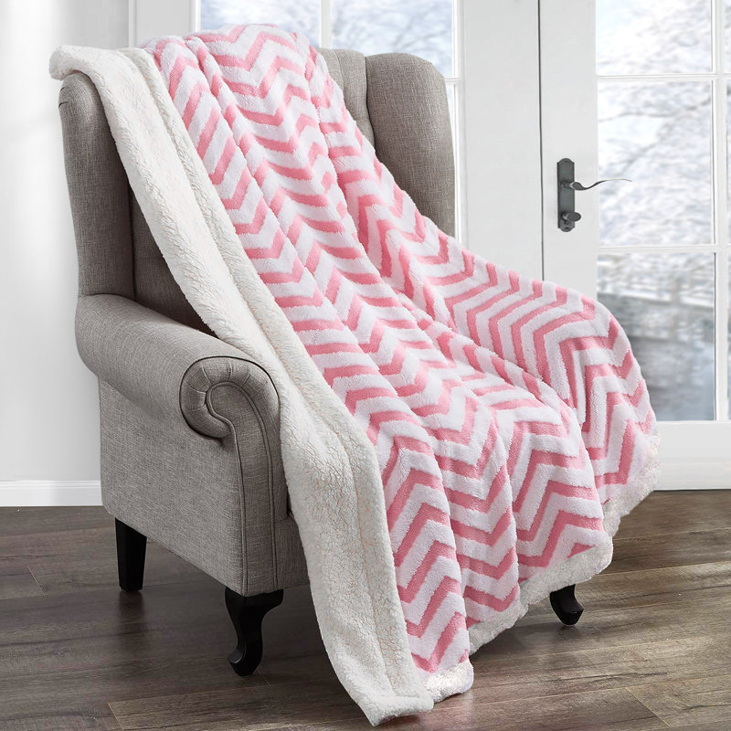 Aayanah Chunky Sherpa Backed Jacquard Chevron Throw Blanket, W100 x L150cm, Pink