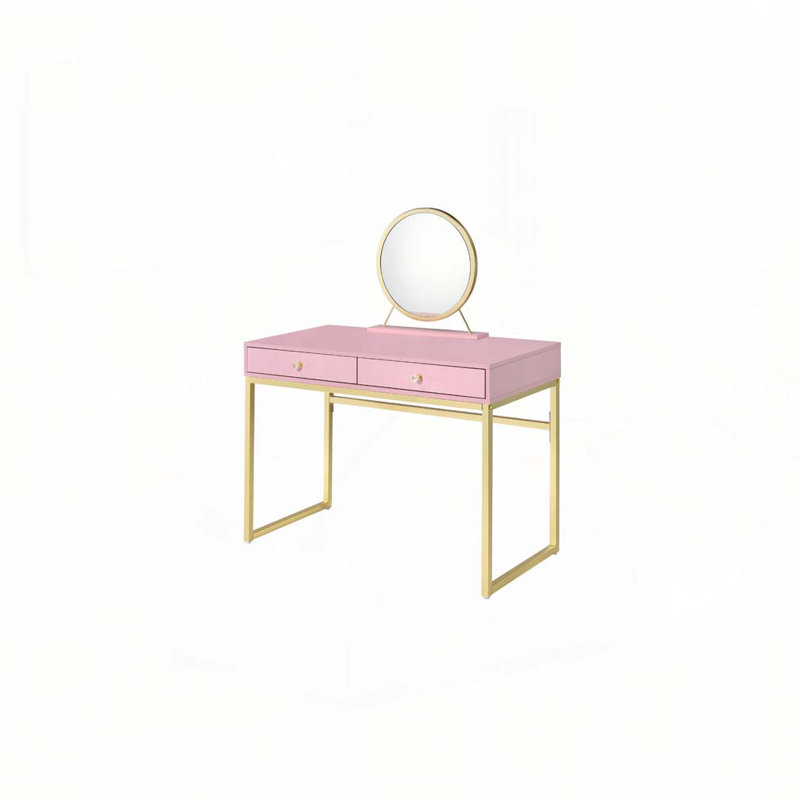 Coleen Pink & Gold Finish Vanity Desk W/Mirror & Jewelry Tray