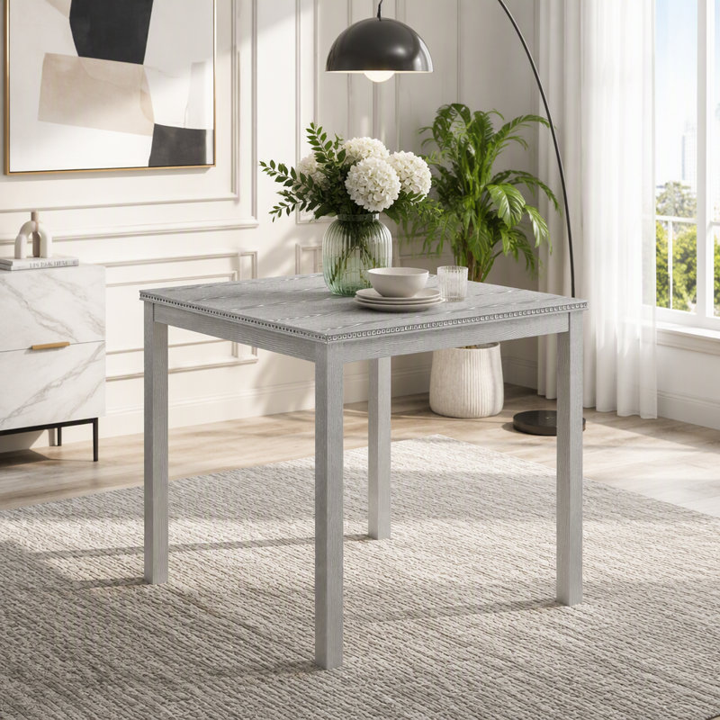 Table carrée à hauteur de comptoir 34,5 pouces avec détails en cristal, Silver grey