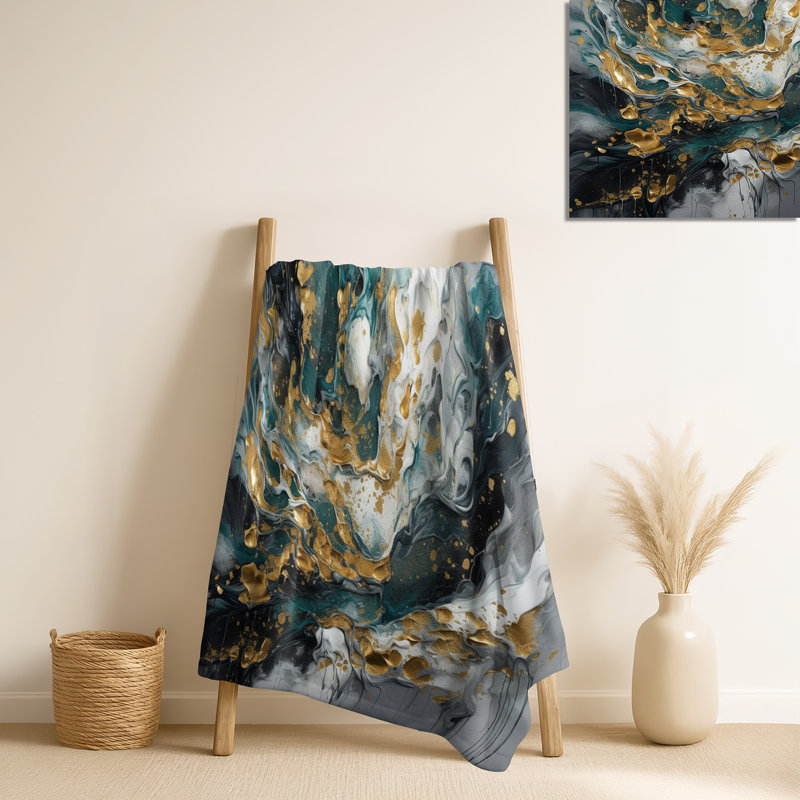 Gold Teal Ink On Stone - Abstract Decorative Throw Blanket