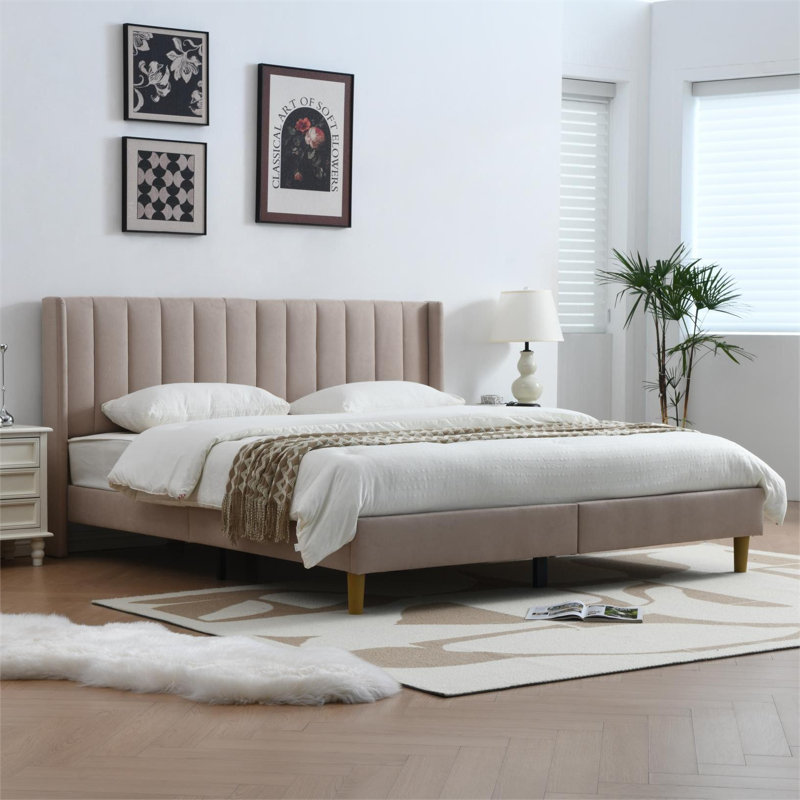 Torrick Upholstered Platform Bed with Tufted Wingback Headboard, King, Beige 100% Linen
