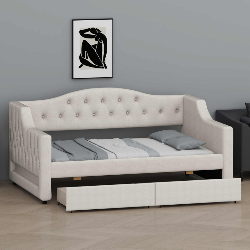 Lit de jour moderne rembourré avec ceinture à DEL intégrée et tiroirs de rangement intégrés, Beige
