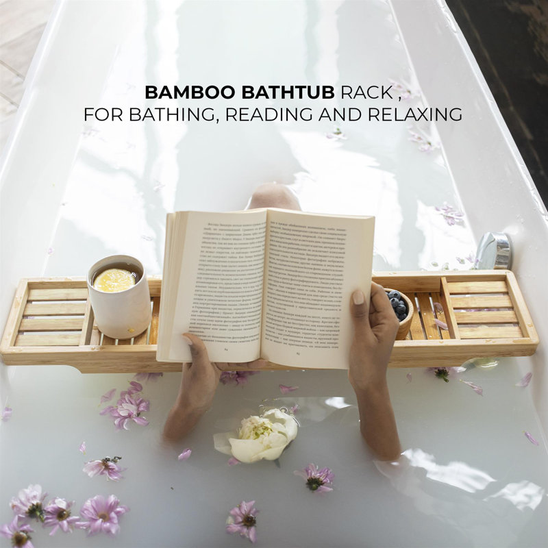 MantraRaj Bamboo Bath Caddy Tray Bridge Wooden Bathtub Tray Rack Freestanding Bamboo Bath Rack
