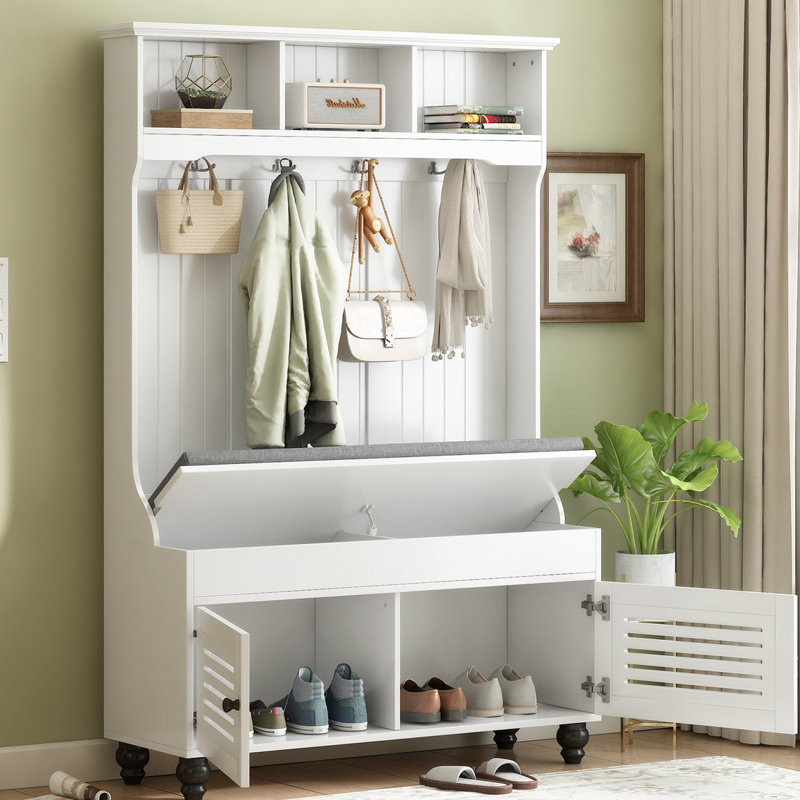 Hall Tree with Bench,Entryway Coat and Shoe Storage,Shoe Storage Bench,Coat Rack with ith Hooks, White
