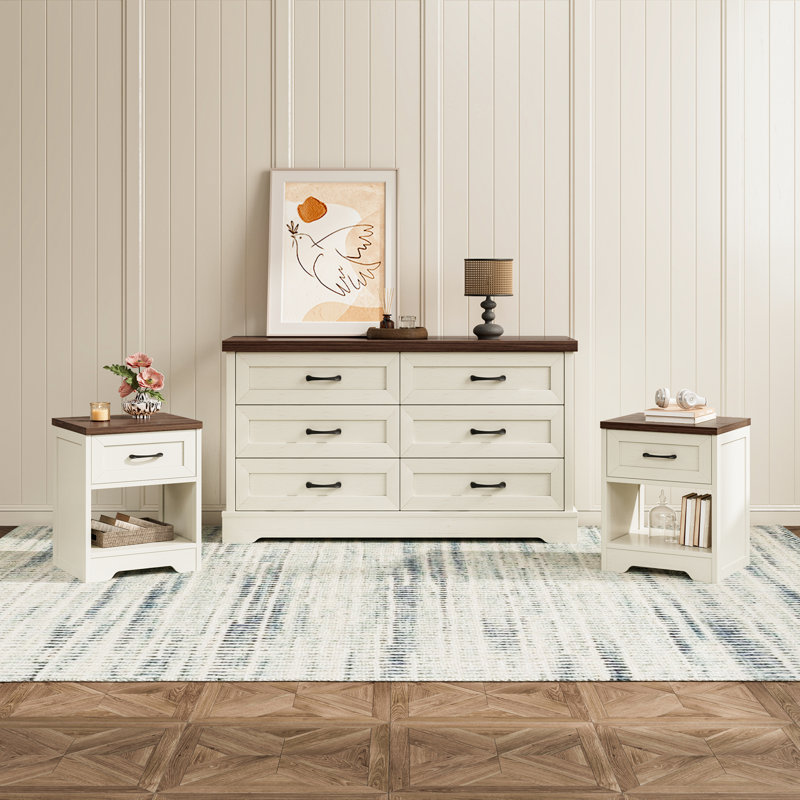 Willowbrook 2 Piece Bedroom Set - 6 Drawer Dresser And 2 Nightstands With Drawer And Open Shelf Storage, Walnut//White