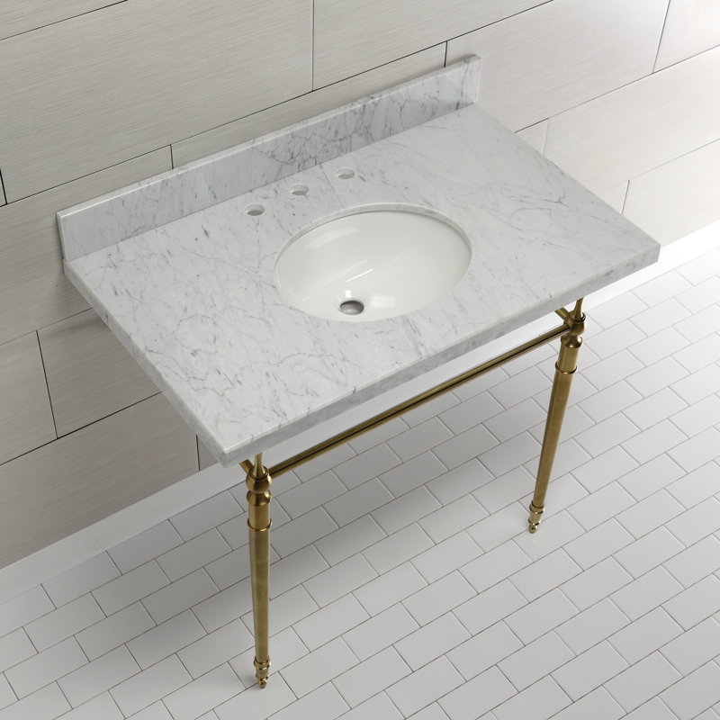 Lavabo de salle de bain console rectangulaire en céramique avec trop-plein Edwardian, Marbre blanc / laiton brossé
