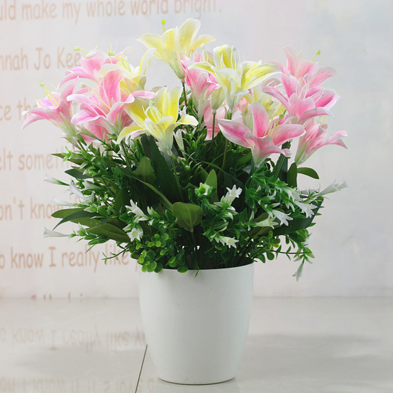 Lily Simulation Flower Set Decoration, Pink/Yellow