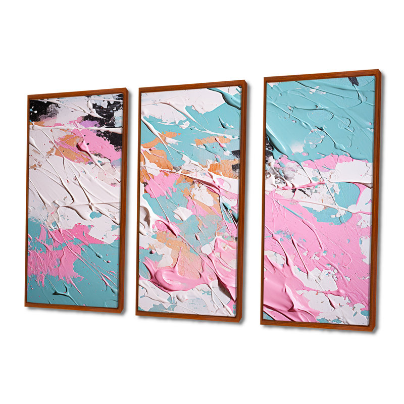 «Sweet Pink Pastel Dreams», ensemble d'art mural abstrait, H 40 po x l 60 po x P 1 po, Cadre flottant brun