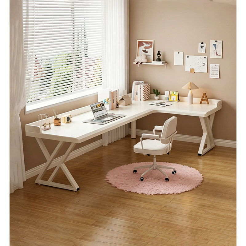 Bureau en coin en bois massif crème en L avec plaque de protection anti-basculement