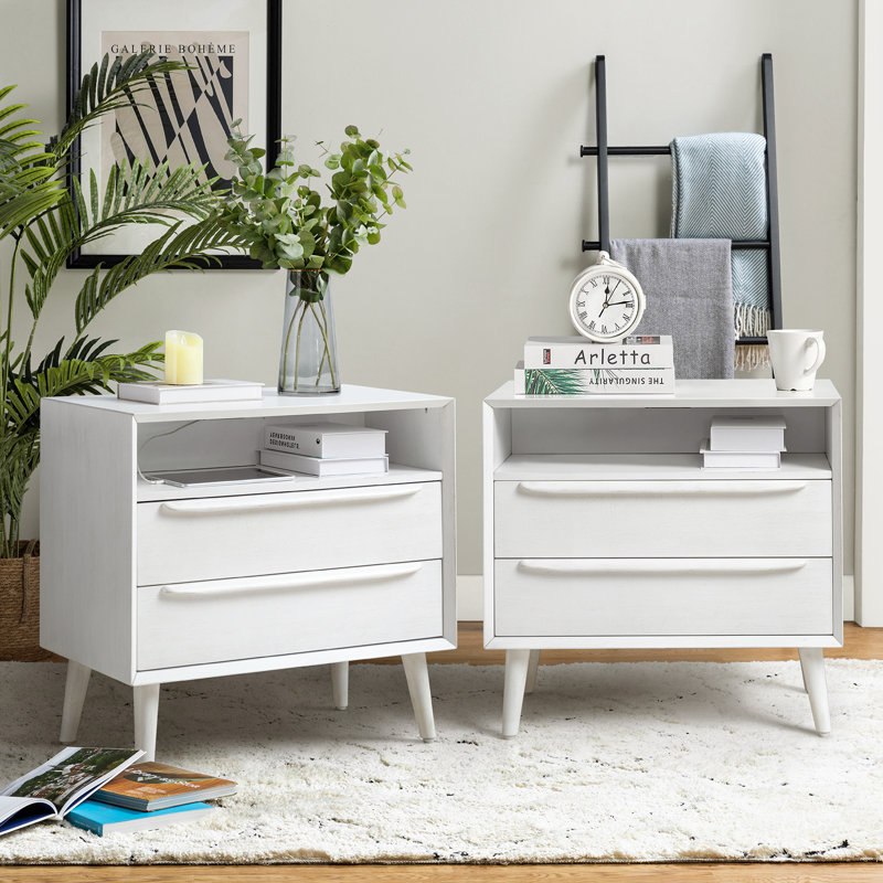 Aviannah Mid-Century Modern 2 - Drawer Nightstand With Built-In Charging Station And Legs And Open Shelf Set Of 2, White