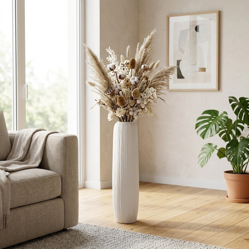 Grand vase contemporain en céramique pour décoration intérieure - vase à fleurs minimaliste pour le salon, le vestibule et le coin - 32 po, blanc