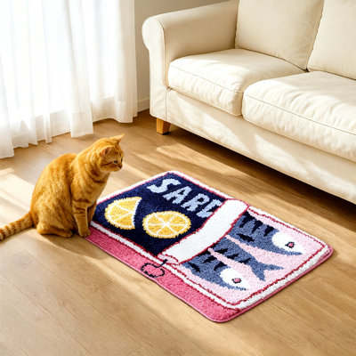 Cute Sardine Can Bath Mat, Soft Non-Slip Washable Cartoon Fish Rug, (Pink)