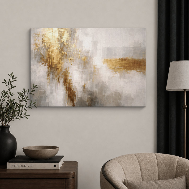 Œuvre abstraite abstraite blanc doré, photos de salon élégantes, impression sur toile encadrée, H 16 po x l 24 po x P 1,5 po