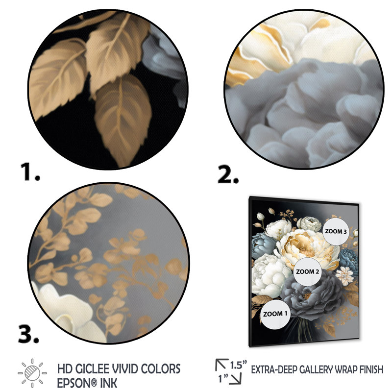 Bouquet de pivoines blanches, bleues et grises I - Impression sur toile, Cadre photo noir, H 20 po x l 12 po x P 1 po