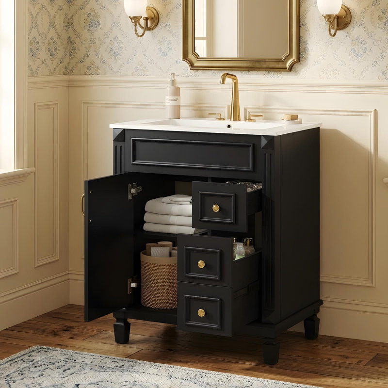 Meuble-lavabo de salle de bain avec lavabo en céramique et rangement polyvalent, Noir, 24