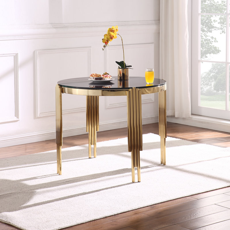 Table à manger 38,6 po ronde en verre trempé, table en verre trempé et pieds dorés polis, table de style moderne pour la maison et la cuisine. Salle à manger