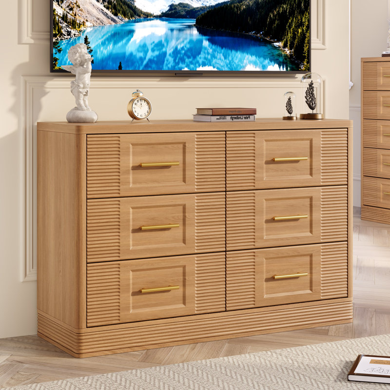 Commode 6 tiroirs pour chambre à coucher, grande commode en bois de chêne