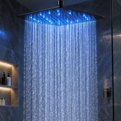 Mosson Matte Black LED Shower Head 16 Inch, Solid Brass Square Ceiling Mount Rain Shower, Modern Overhead Bathroom