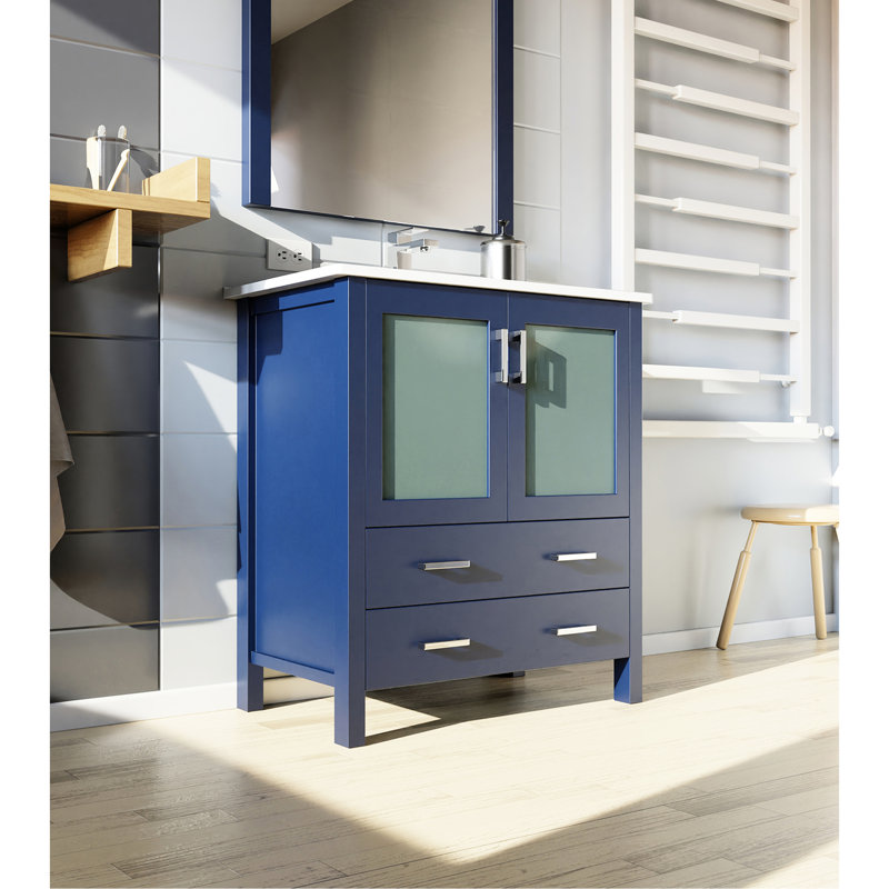 Navy Blue 30 In. Wide Bath Vanity Upgrade With White Ceramic Countertop Layer, 28 Captivating Mirror, Soft - Shut Compartment Design, And Substantial Storage Featuring Top, Closing Drawers, Ample
