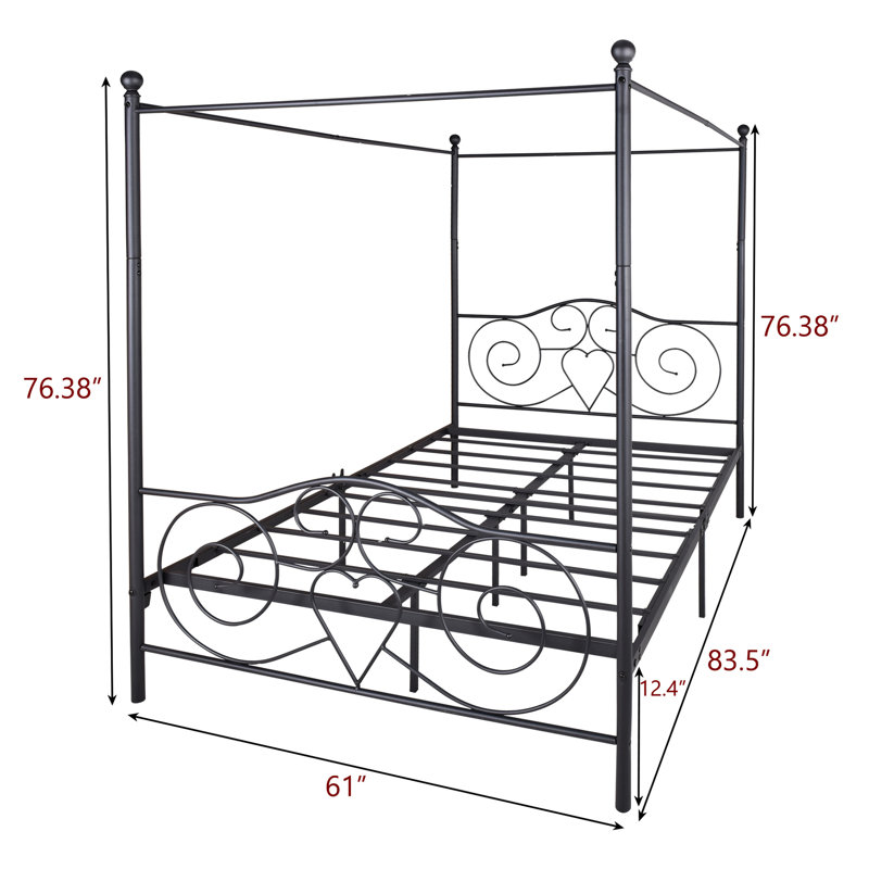 Structure de lit à baldaquin en métal avec très grand lit et tête de lit rétro, facile à assembler, plate-forme noire, tête de lit d'apparence, stable, sous rangement,