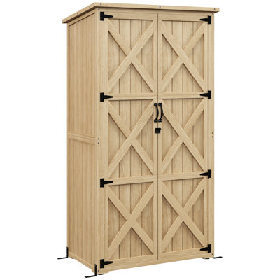 Remise de jardin en bois avec portes verrouillables, toit imperméable et tablettes - Armoire de rangement en bois naturel pour outils de jardinage