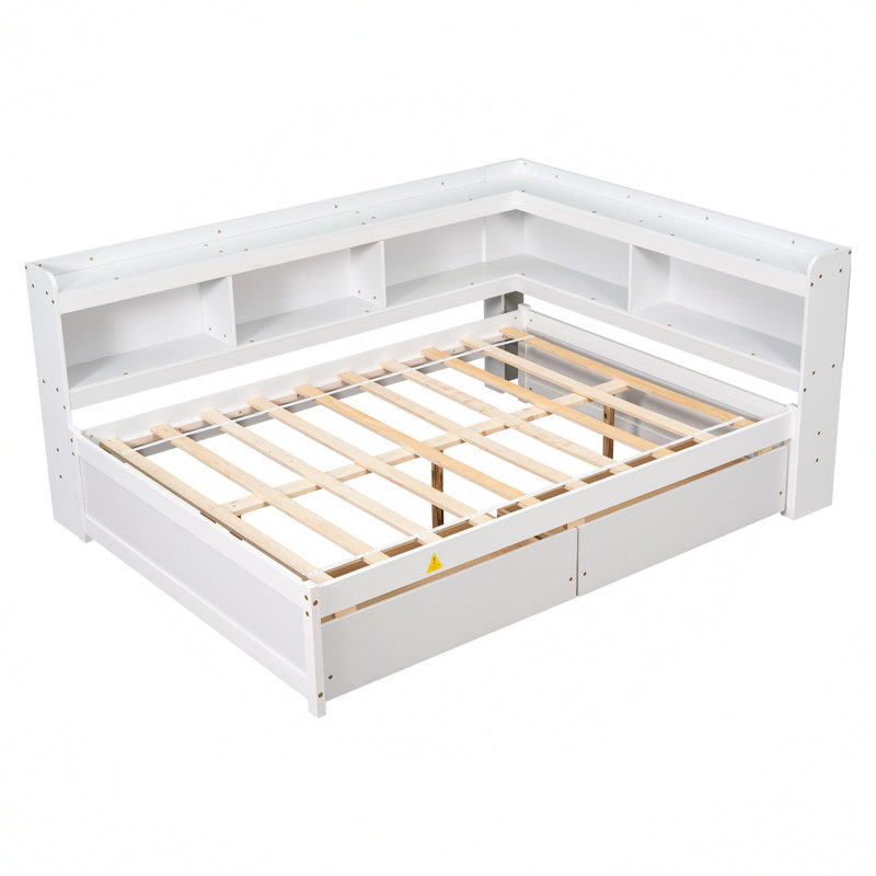 Bed Frame with Built-in L-Shaped Bookshelves & 2 Storage Drawers – Space-Saving Modern Platform Bed, Solid Pine Wood Construction, Minimalist Design