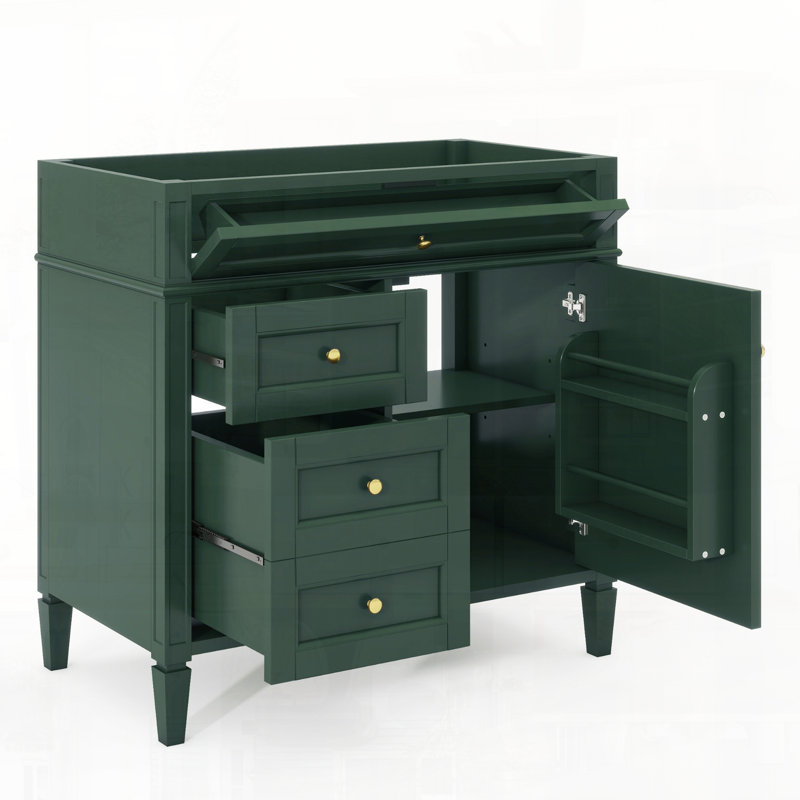 Meuble-lavabo moderne en bois massif avec tiroirs sans lavabo, Vert, Doré