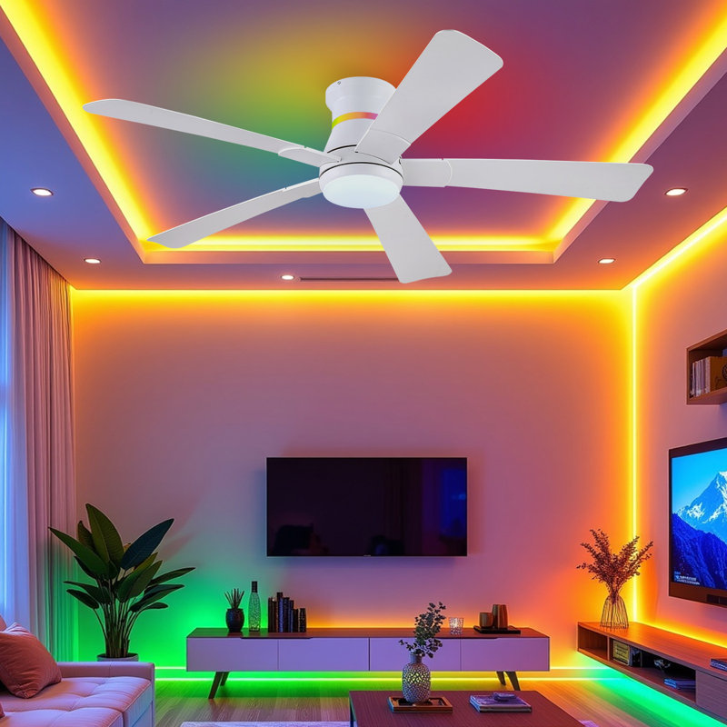 Ventilateur de plafond 46 po à 5 pales avec ensemble d'éclairage à DEL et télécommande, Blanc, 52"