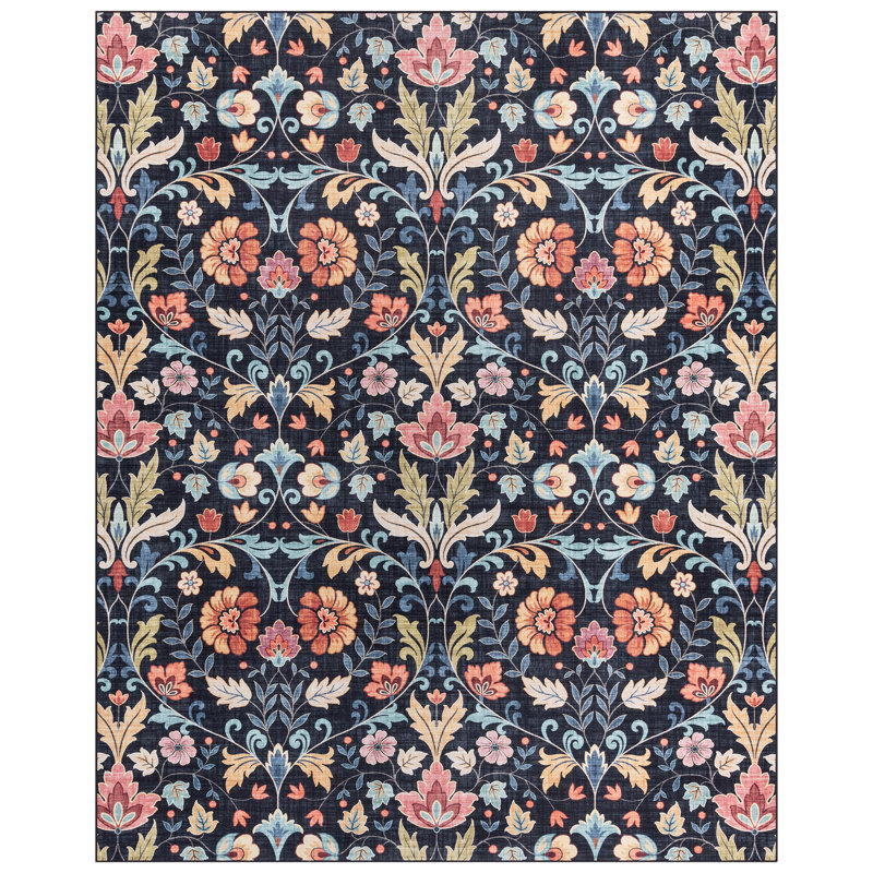 Rayna Verner Black Multi Machine Washable Bright Floral Indoor Area Rug, Flat Pile for Living Room & Bedroom - 6x9