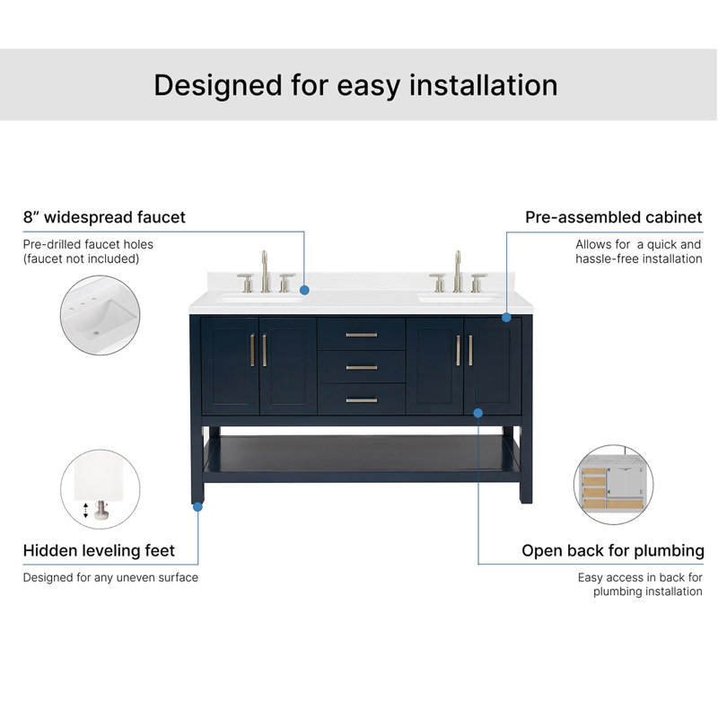ARIEL Magnolia 60 Double Sink Bathroom Vanity with Top, Midnight Blue, Rectangular
