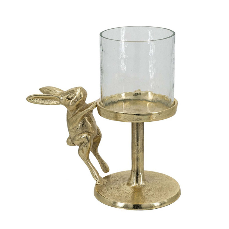 7.9X4 Gold Rabbit Pillar Candle Holder With Clear Glass Hurricane Shade
