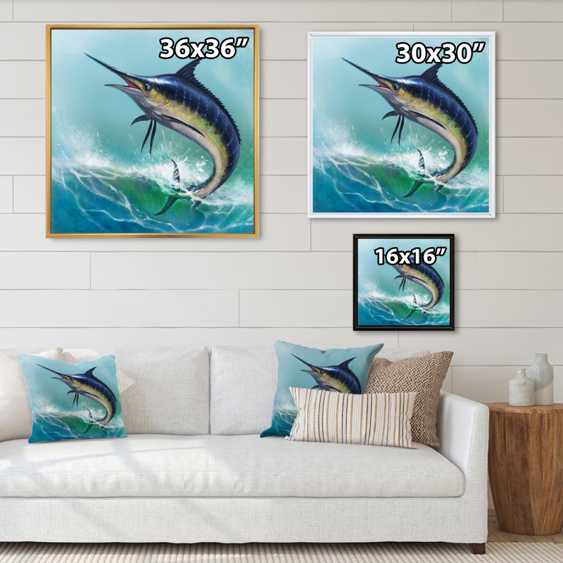 Marlin bleu dans l'océan - Peinture, H 30 po x l 30 po, Cadre flottant brun