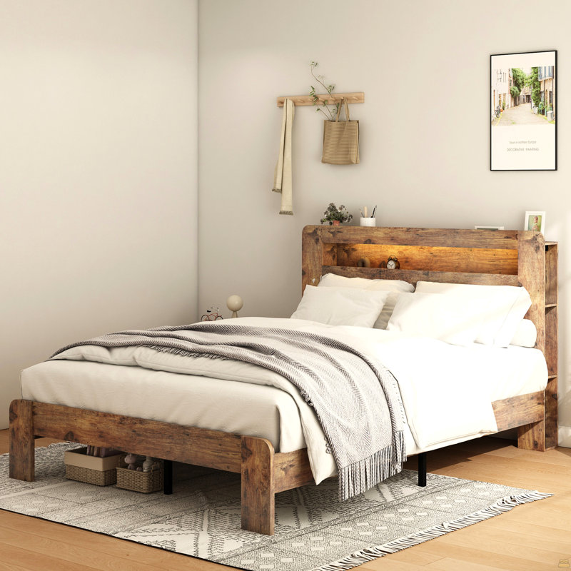 Cadre de lit grand, cadre de lit plateforme en bois avec tête de lit à DEL avec rangement et 2 ports USB, silencieux, aucun sommier nécessaire et outil d'assemblage facile