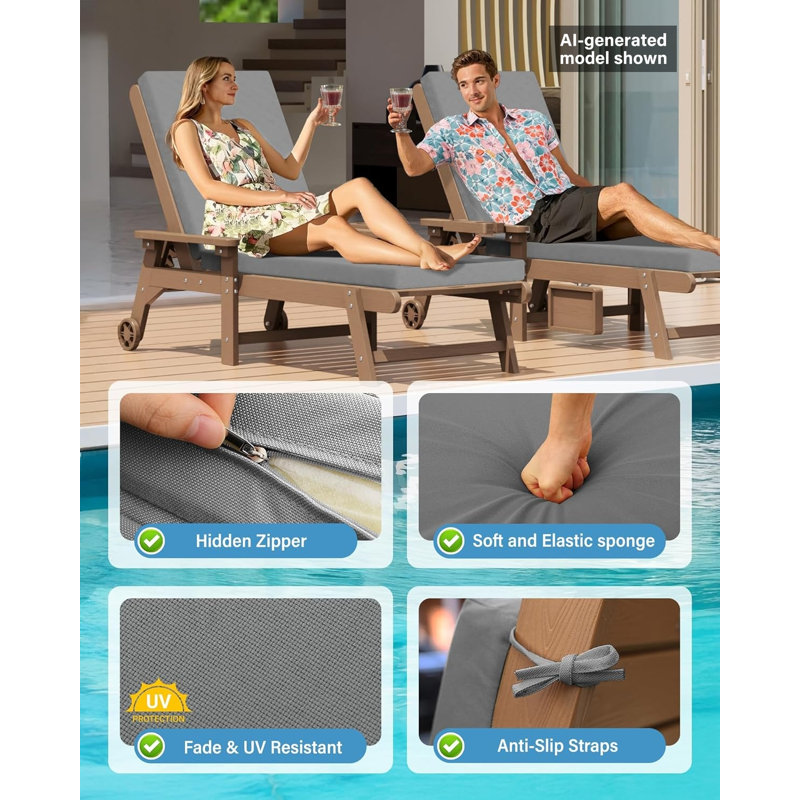  Outdoor Chaise Lounge Cushion Olefin Fabric Waterproof Fade-Resistant, Gray