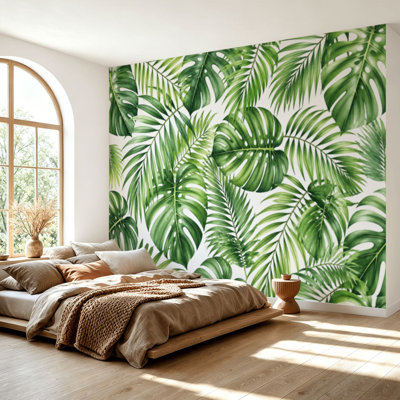 Papier peint adhésif mural feuilles tropicales feuilles de palmier monstera blanc, papier autocollant amovible, sans contact, pour salon, chambre à coucher H 69 po x l 96 po