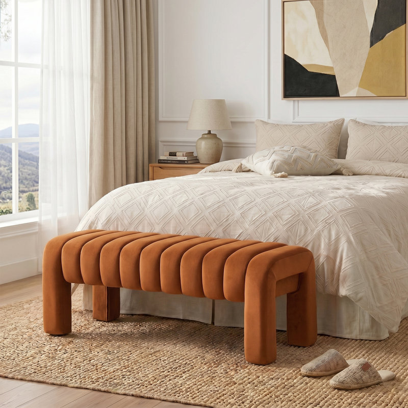 Banc rembourré sans dossier Oyan, H 17 po x l 43,3 po x P 17,3 po, Velours brun