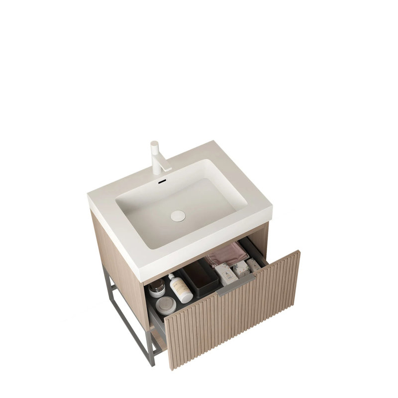 Meuble-lavabo 24 po avec lavabo, armoire de rangement autoportante en contreplaqué rayé avec tiroir et lavabo intégré rectangulaire en acrylique sans robinet pré-assemblé