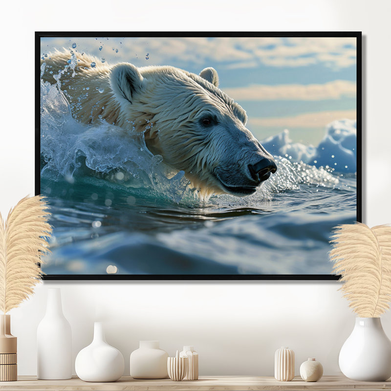 Ours polaire nageant dans la mer Arctique - ours, impression murale, Cadre flottant noir, H 12 po x l 20 po x P 1 po