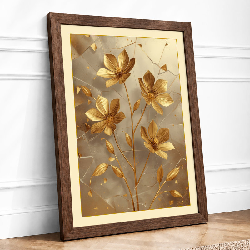 Golden Starflowers Botanical - Framed Print, A2 - 59.4 x 42.0 cm, Walnut