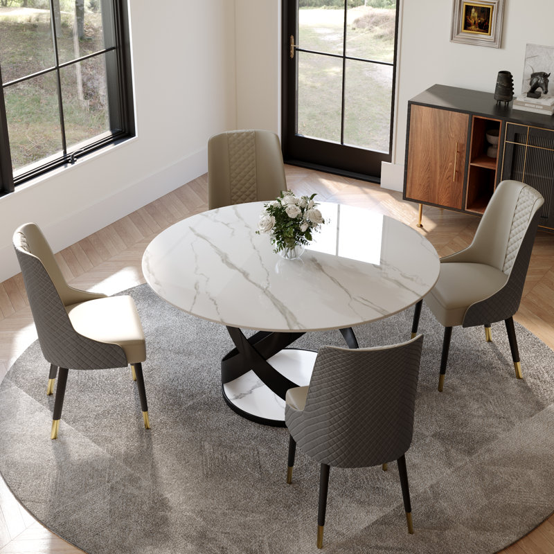 Maxwell 5/7 Pieces Modern Round Dining Table Sets, Glossy Sintered Stone Dining Table With PU Upholstered Chairs, Pre-Assembly