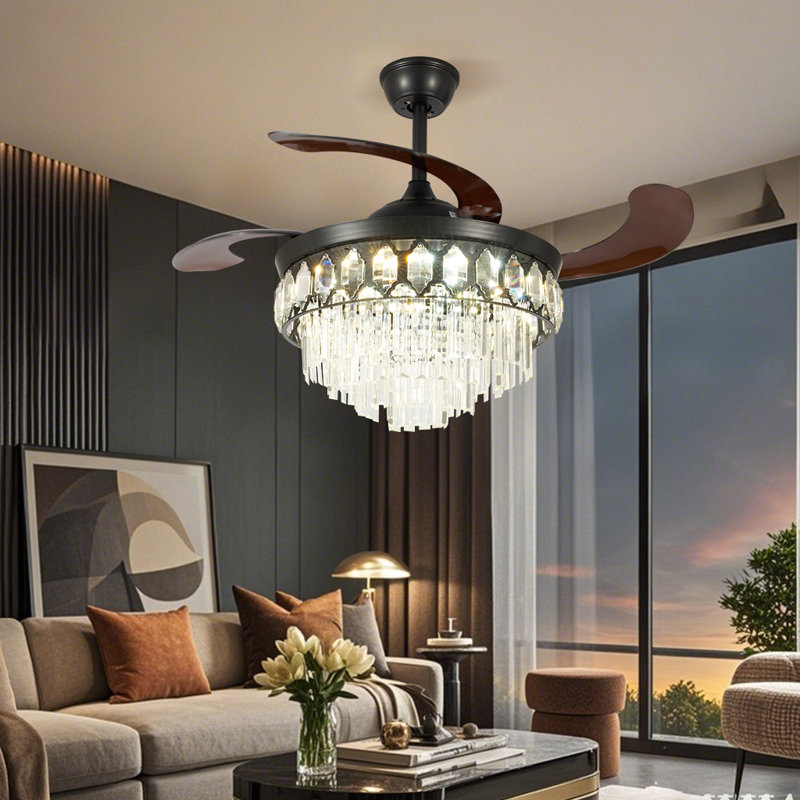 Ventilateur de plafond en cristal noir de 42 pouces, télécommande, éclairage tricolore, abat-jour en cristal K9