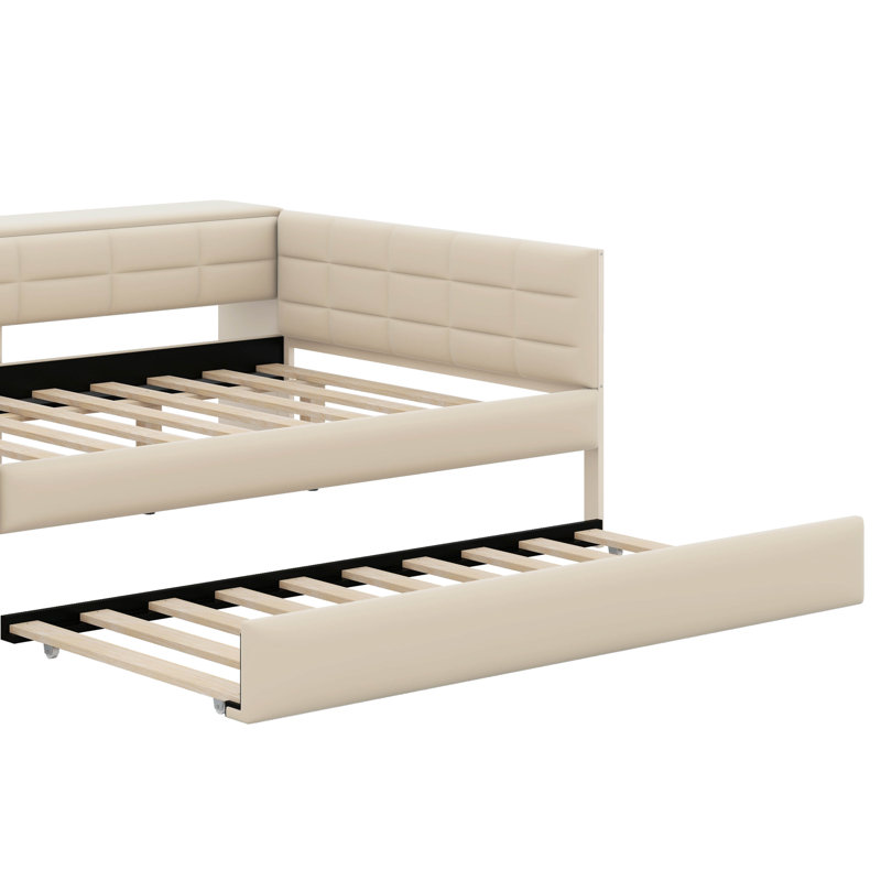 Lit plateforme double tapissier pleine grandeur avec tablettes de rangement, bureau, station de charge et lit gigogne, Beige