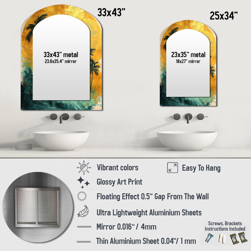 Emerald Palm Trees On Golden Tropical Sunrise I - Green Tropical Arch Wall Mirror, 34" x 25"