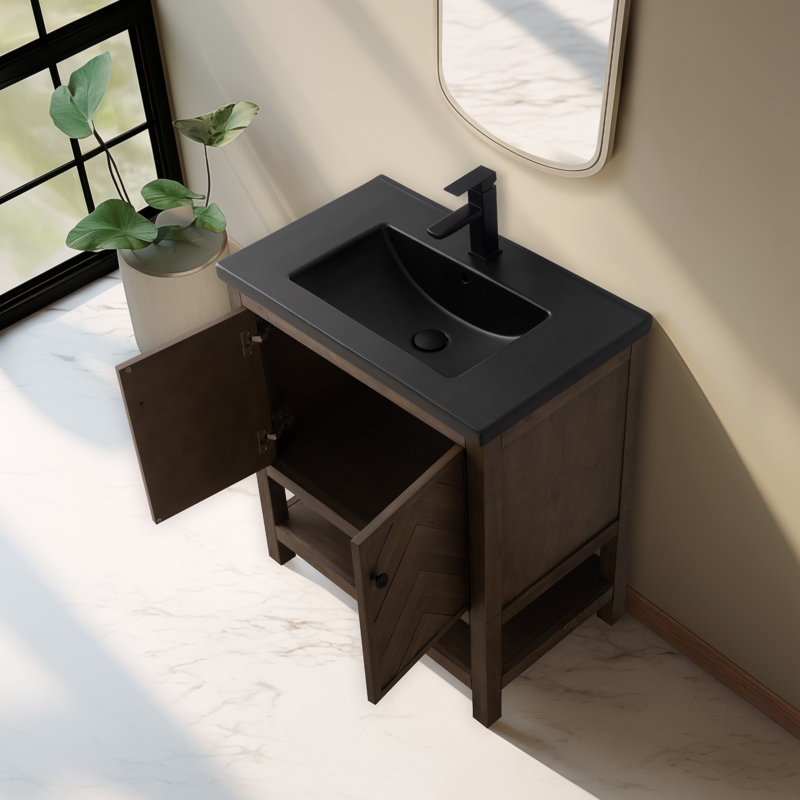 Chazden 30" Freestanding Herringbone Design Single Bathroom Vanity with Ceramic Top, Black, Matte Black, Cocoa Brown
