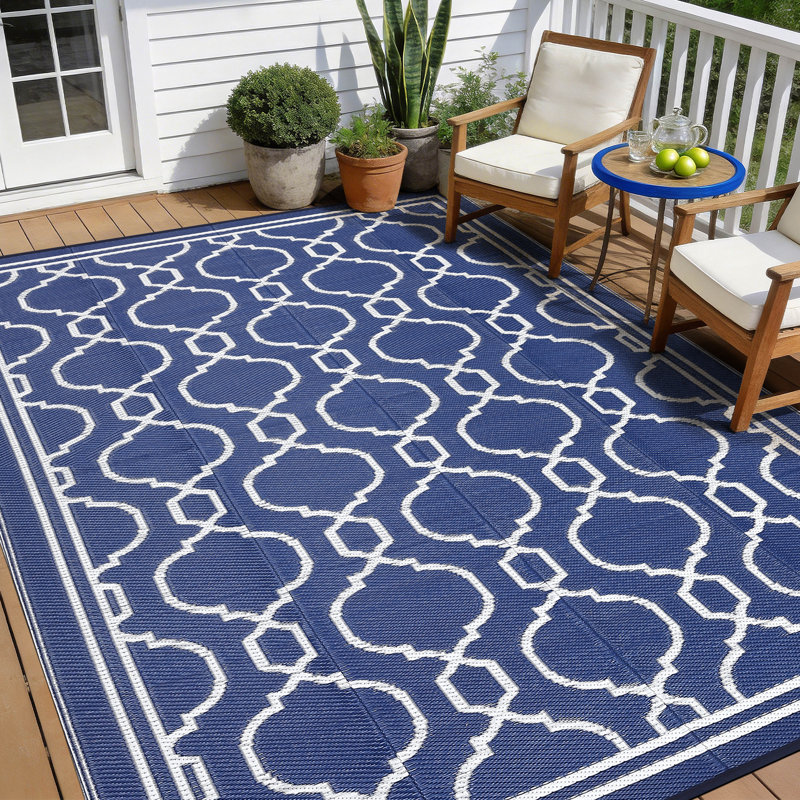 Reversible Outdoor Patio Rug, Waterproof & UV Resistant Plastic Area Rug, Easy Clean Foldable Porch Rug for Patio, Backyard, Balcony